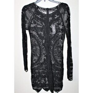 HONEY PUNCH BLACK LACE/sheer long sleeves scoop neck MINI dress LARGE